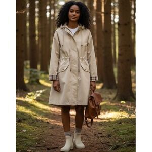 Polydeer New Beige Plaid Lined Hooded Raincoat/Boots 2X Set  Drawstring Waist